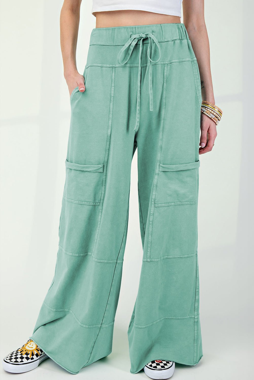 Bonbon Mineral Wash Exposed Seam Wide Leg Cargo Pants - MAD RUFFI
