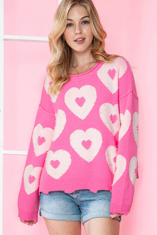 Bonbon Pearl Beaded Heart Drop Shoulder Sweater - Bonbon / S - Sweaters