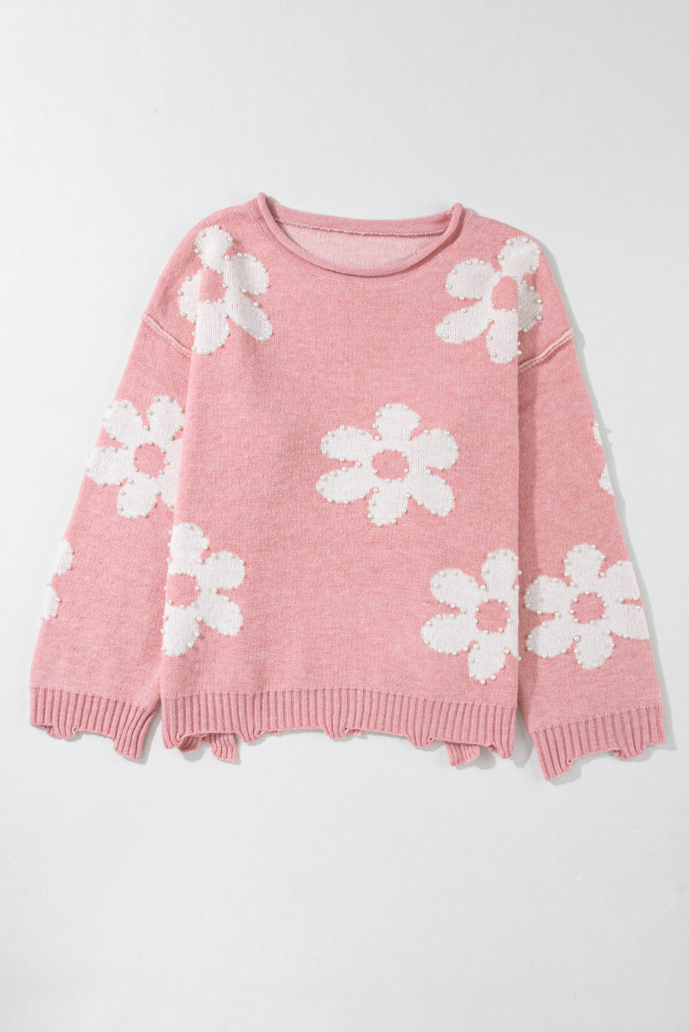 Bonbon Pearl Beaded Heart Drop Shoulder Sweater - Sweaters