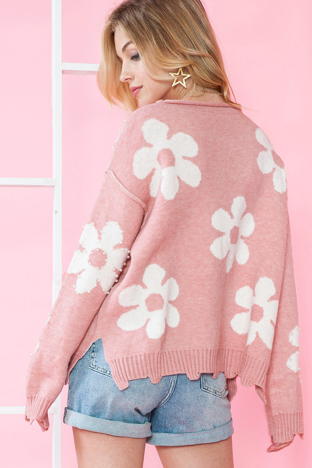 Bonbon Pearl Beaded Heart Drop Shoulder Sweater - Sweaters