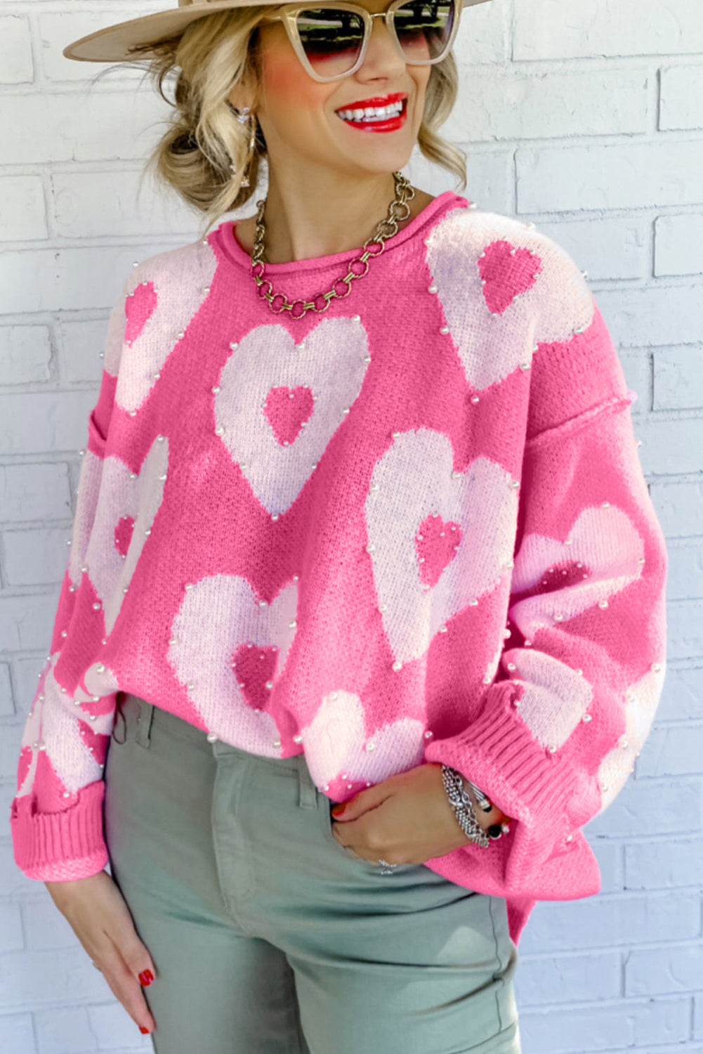 Bonbon Pearl Beaded Heart Drop Shoulder Sweater - Sweaters