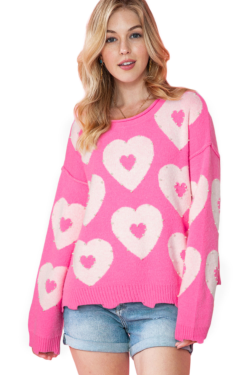 Bonbon Pearl Beaded Heart Drop Shoulder Sweater - Sweaters