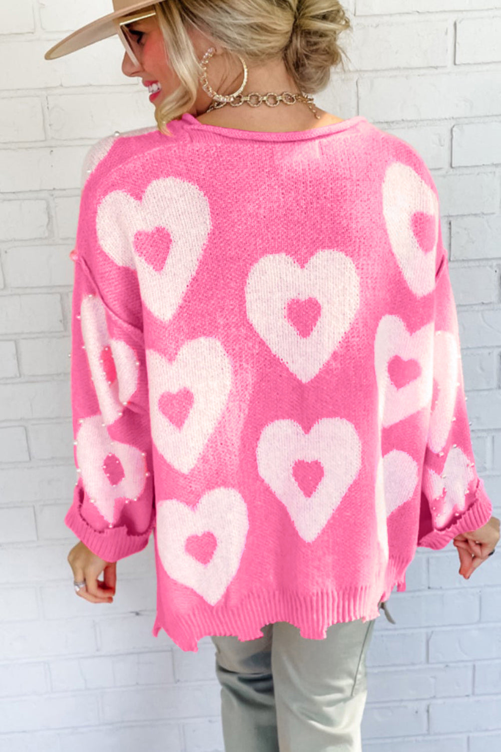 Bonbon Pearl Beaded Heart Drop Shoulder Sweater - Sweaters