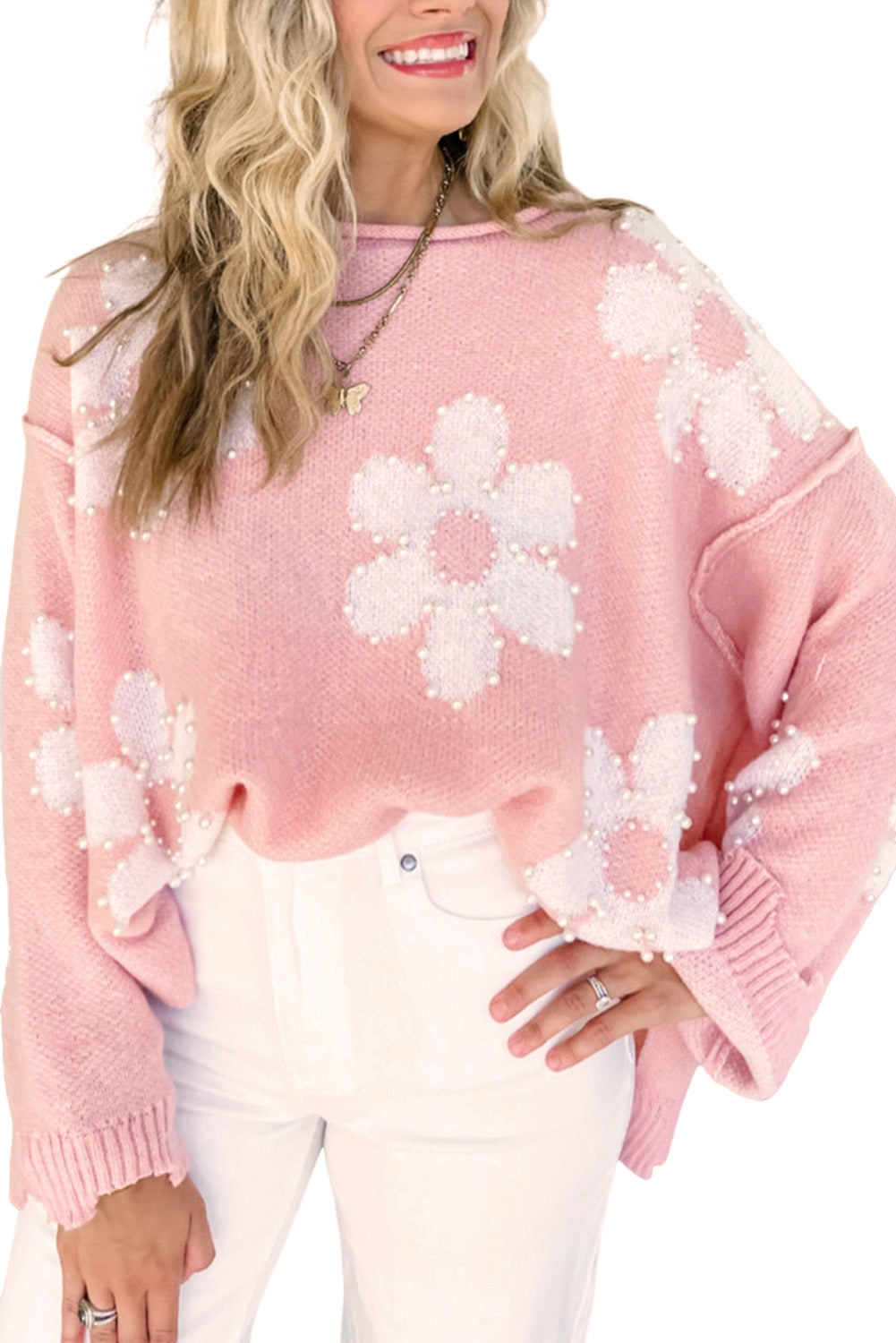 Bonbon Pearl Beaded Heart Drop Shoulder Sweater - Sweaters