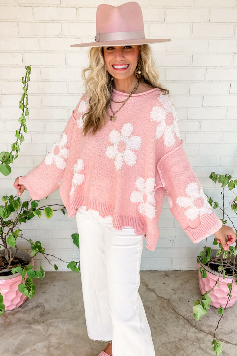 Bonbon Pearl Beaded Heart Drop Shoulder Sweater - Sweaters