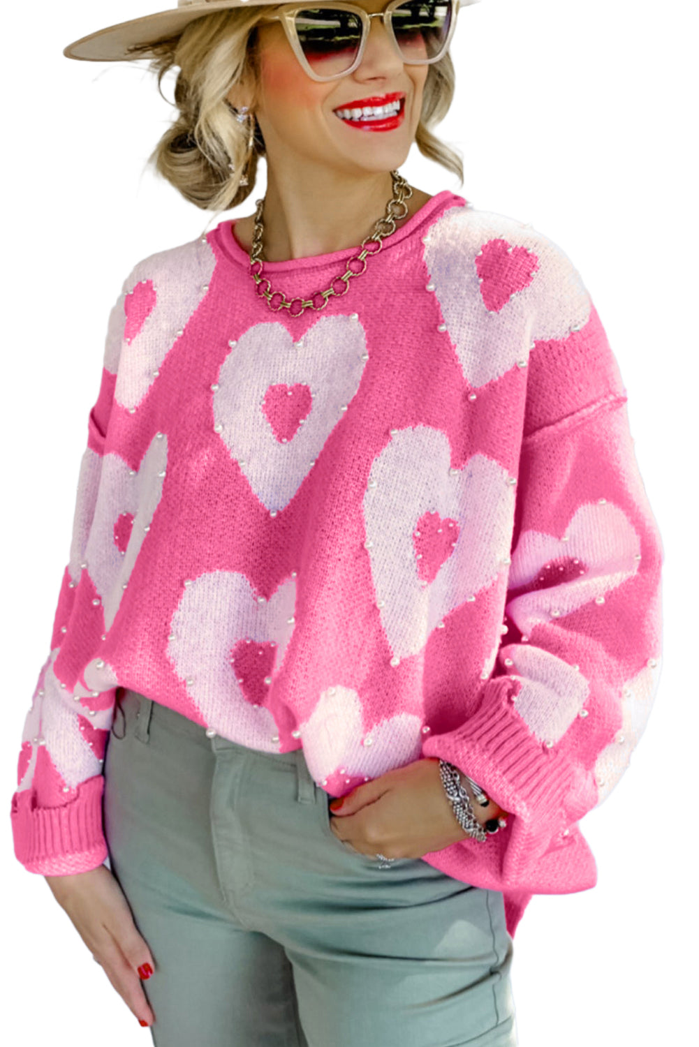 Bonbon Pearl Beaded Heart Drop Shoulder Sweater - Sweaters