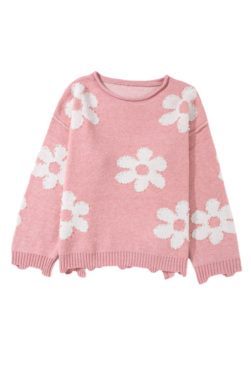 Bonbon Pearl Beaded Heart Drop Shoulder Sweater - Sweaters