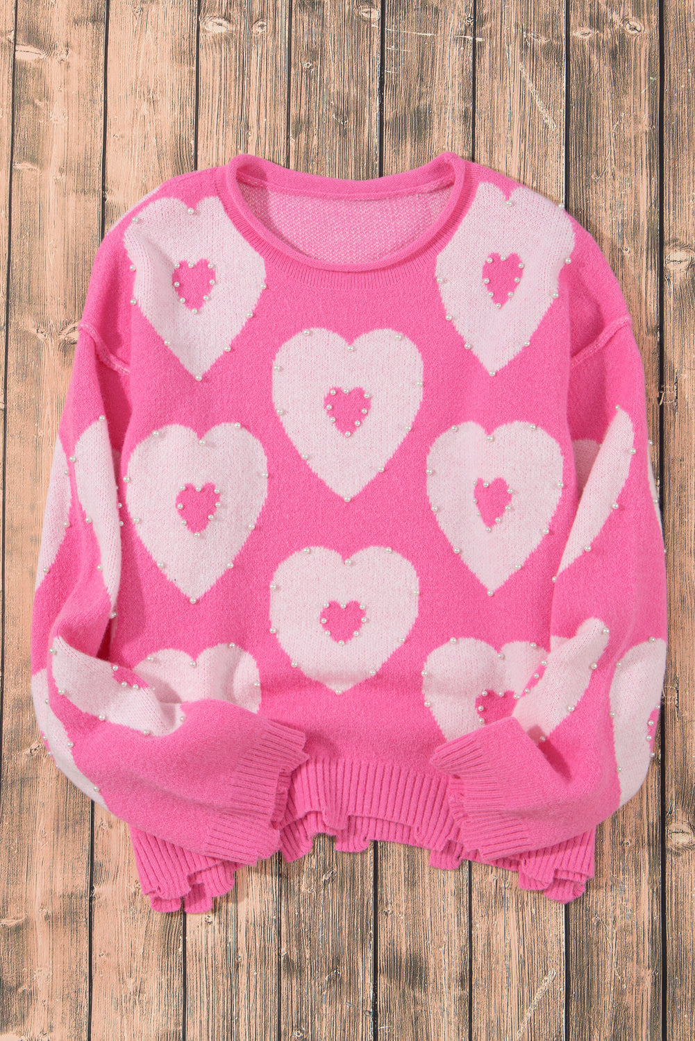 Bonbon Pearl Beaded Heart Drop Shoulder Sweater - Sweaters