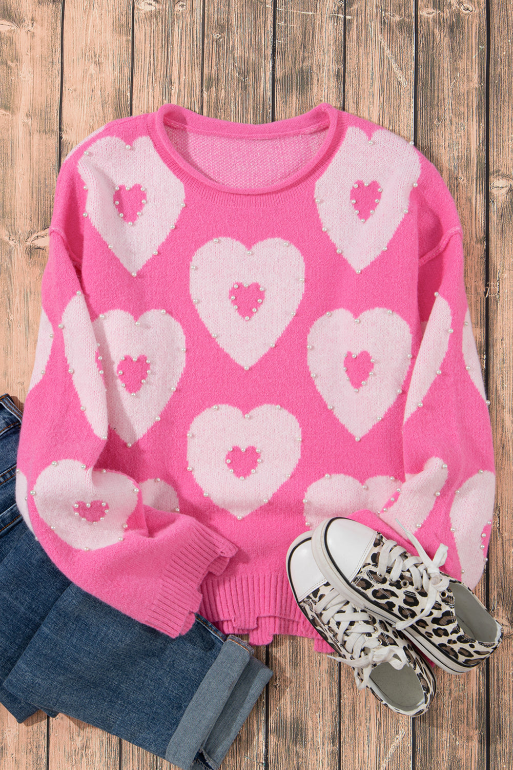 Bonbon Pearl Beaded Heart Drop Shoulder Sweater - Sweaters