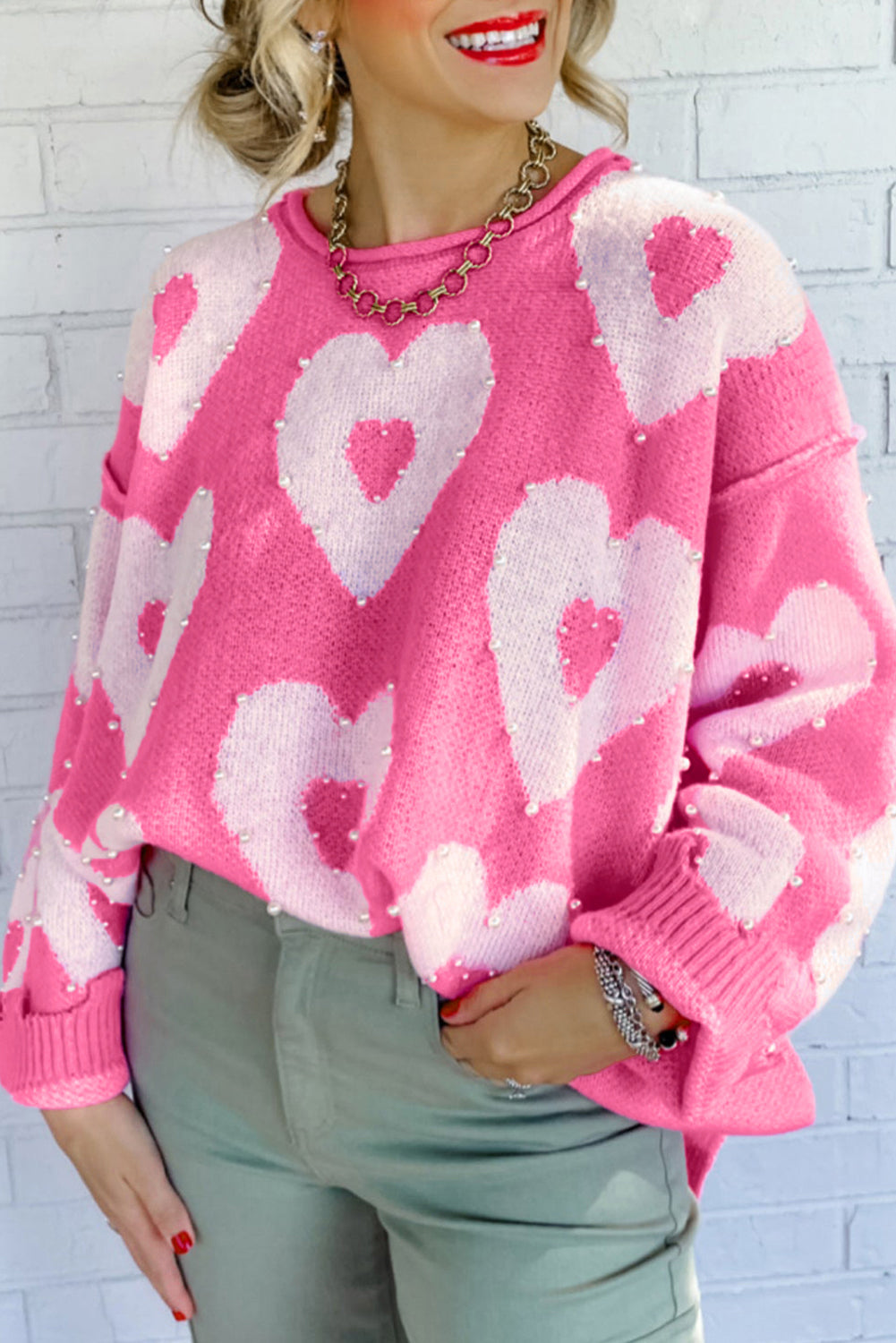 Bonbon Pearl Beaded Heart Drop Shoulder Sweater - Sweaters