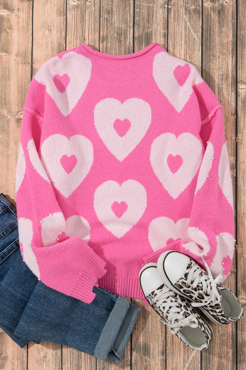 Bonbon Pearl Beaded Heart Drop Shoulder Sweater - Sweaters