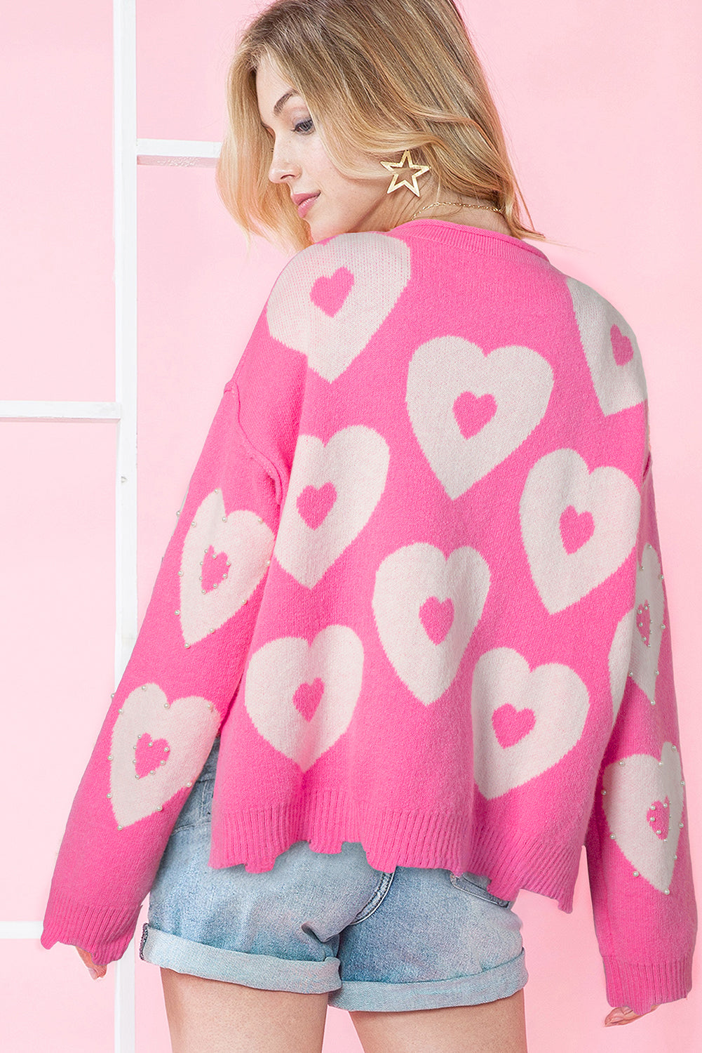 Bonbon Pearl Beaded Heart Drop Shoulder Sweater - Sweaters