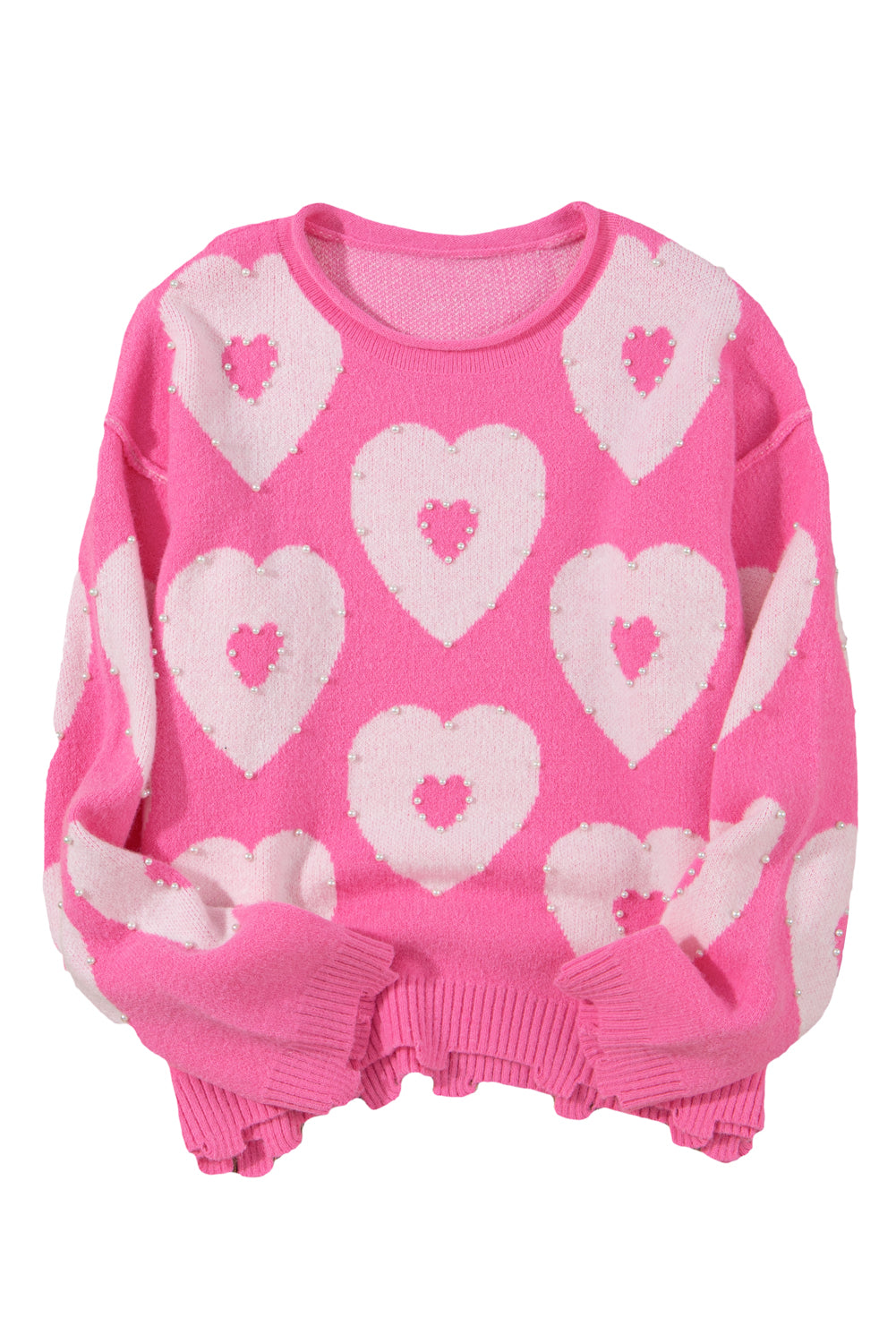 Bonbon Pearl Beaded Heart Drop Shoulder Sweater - Sweaters