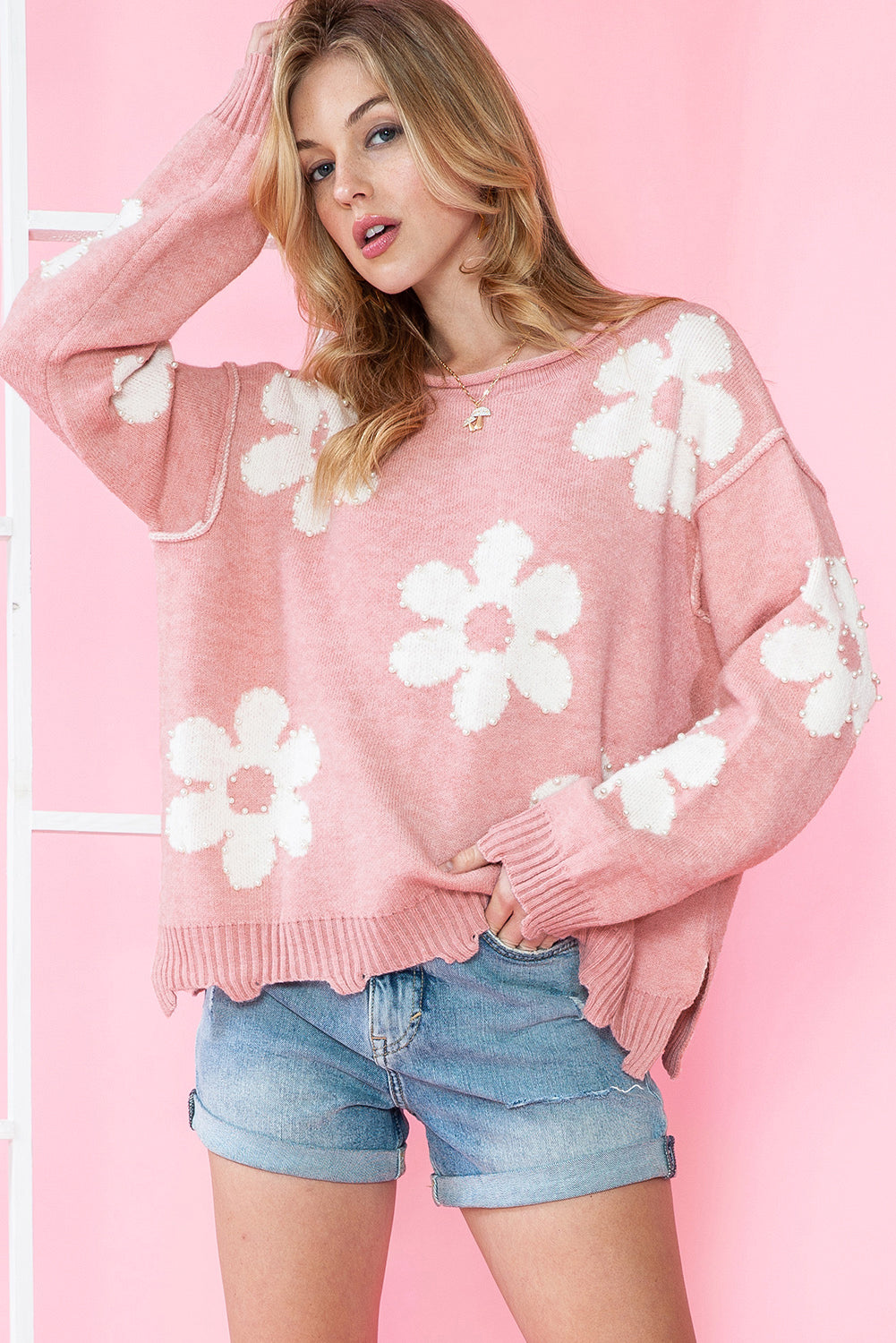 Bonbon Pearl Beaded Heart Drop Shoulder Sweater - Sweaters