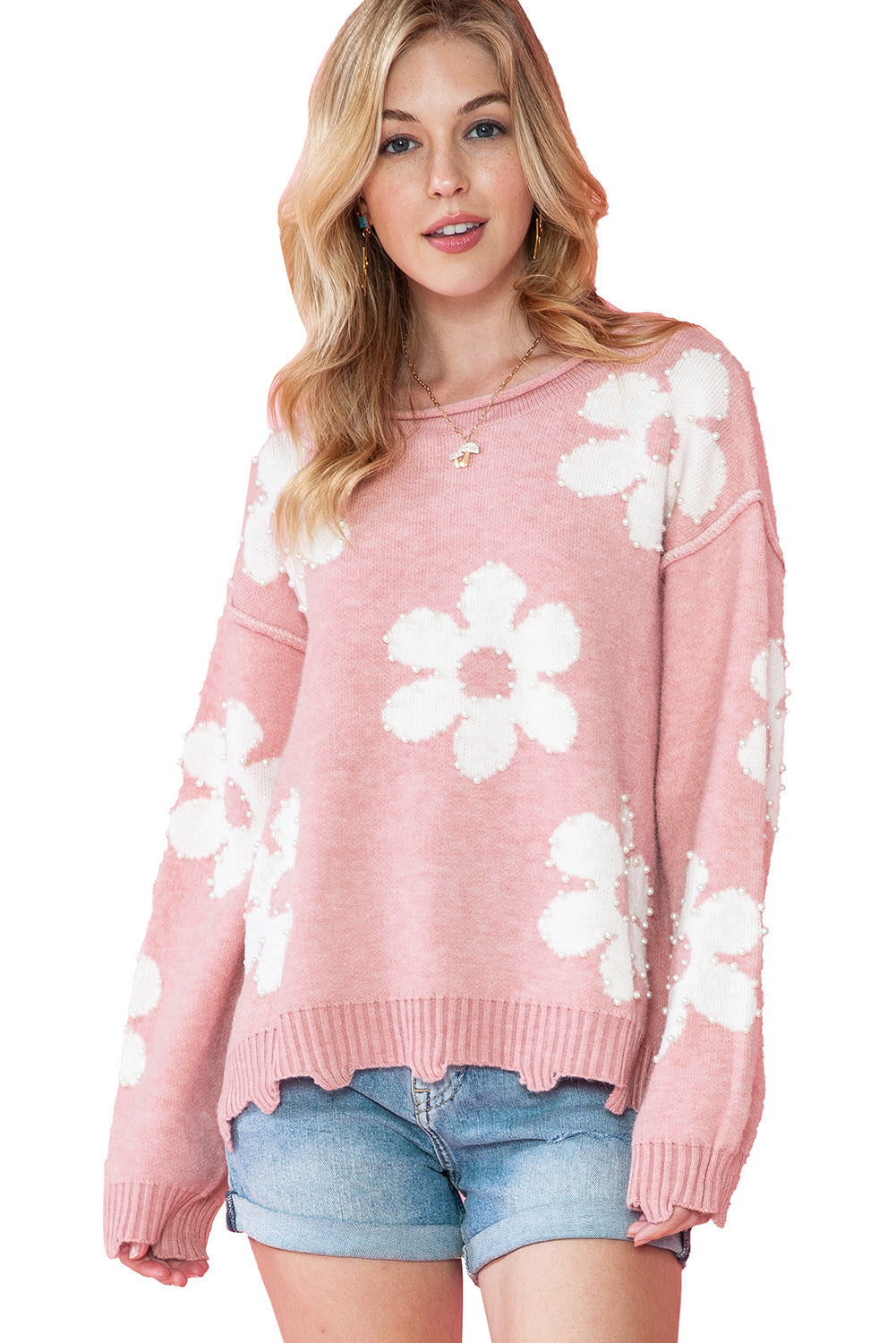 Bonbon Pearl Beaded Heart Drop Shoulder Sweater - Sweaters