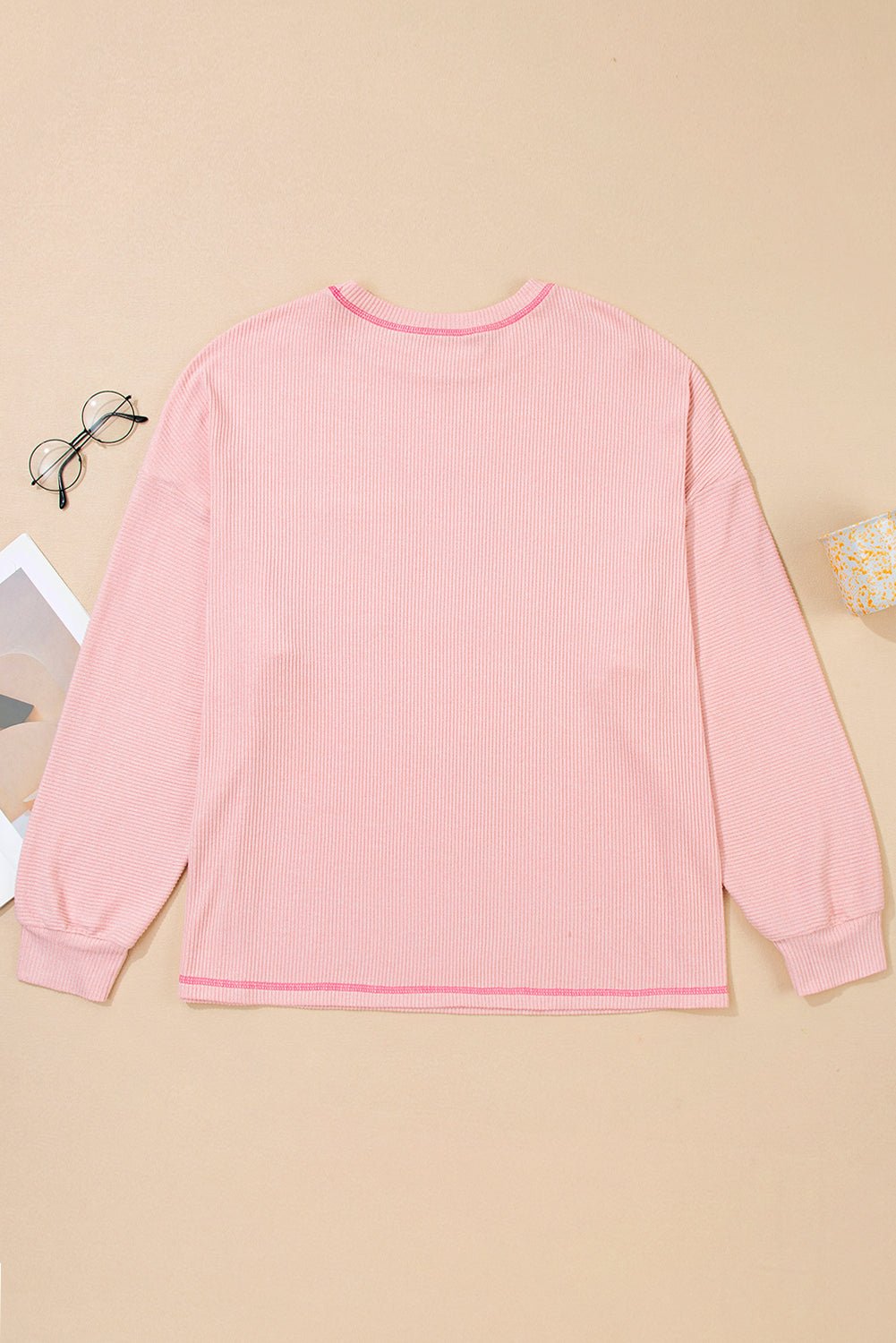 Bonbon Ribbed Exposed Seam Chest Pocket Plus Size Long Sleeve Top - MAD RUFFI