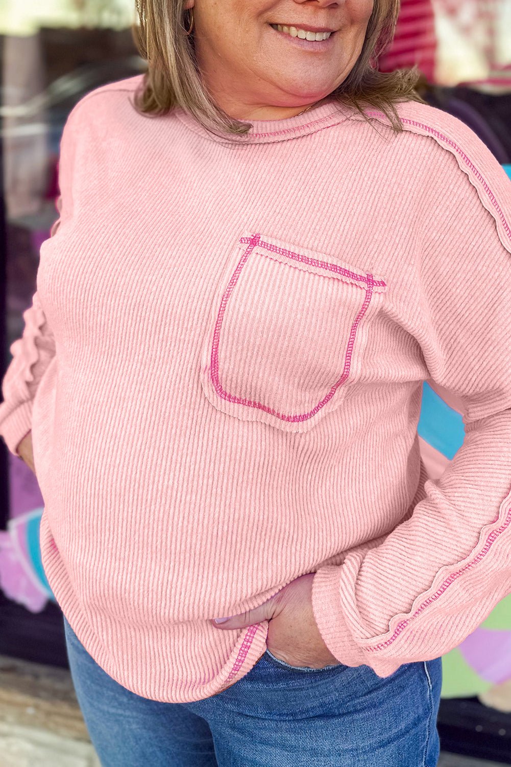 Bonbon Ribbed Exposed Seam Chest Pocket Plus Size Long Sleeve Top - MAD RUFFI