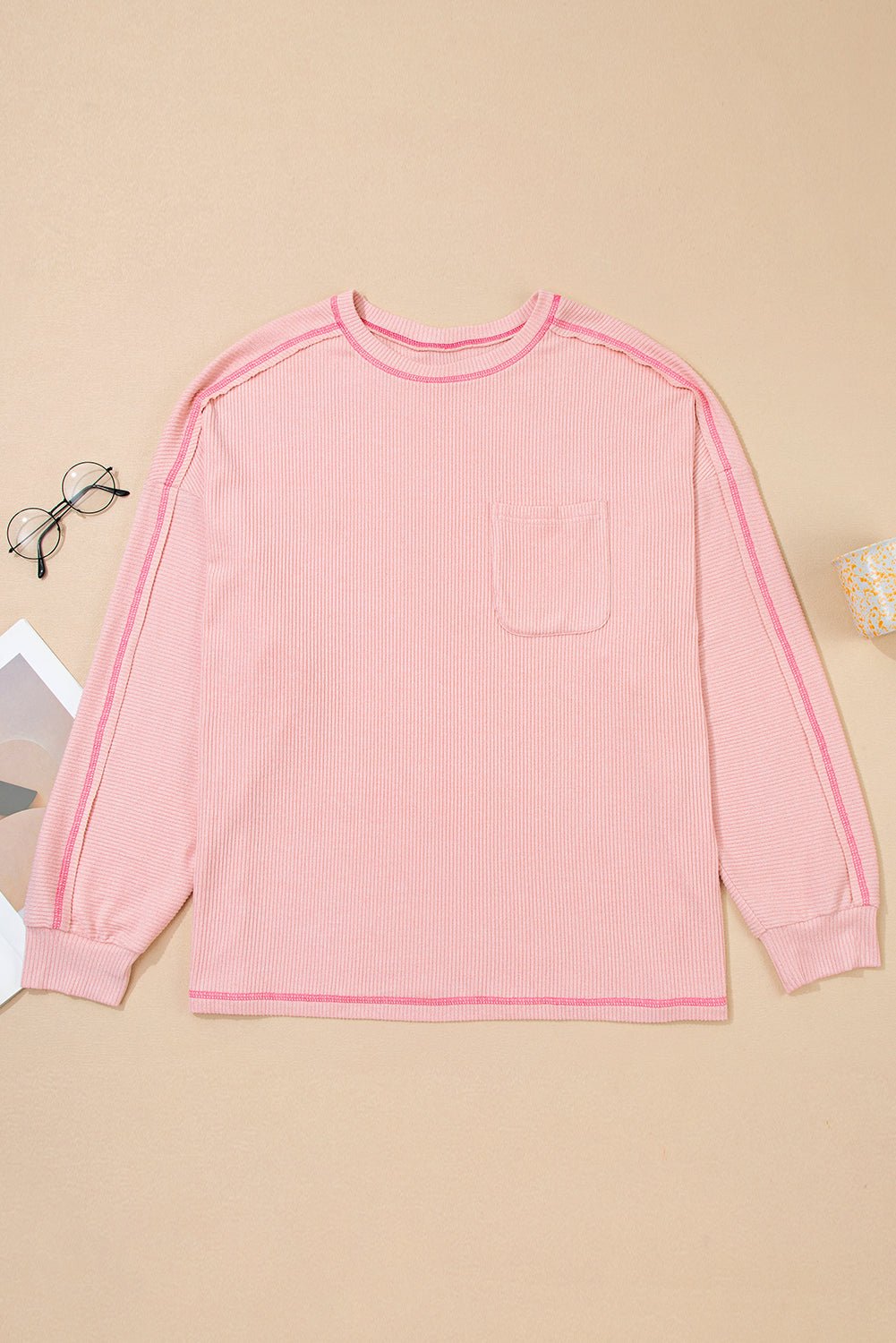 Bonbon Ribbed Exposed Seam Chest Pocket Plus Size Long Sleeve Top - MAD RUFFI