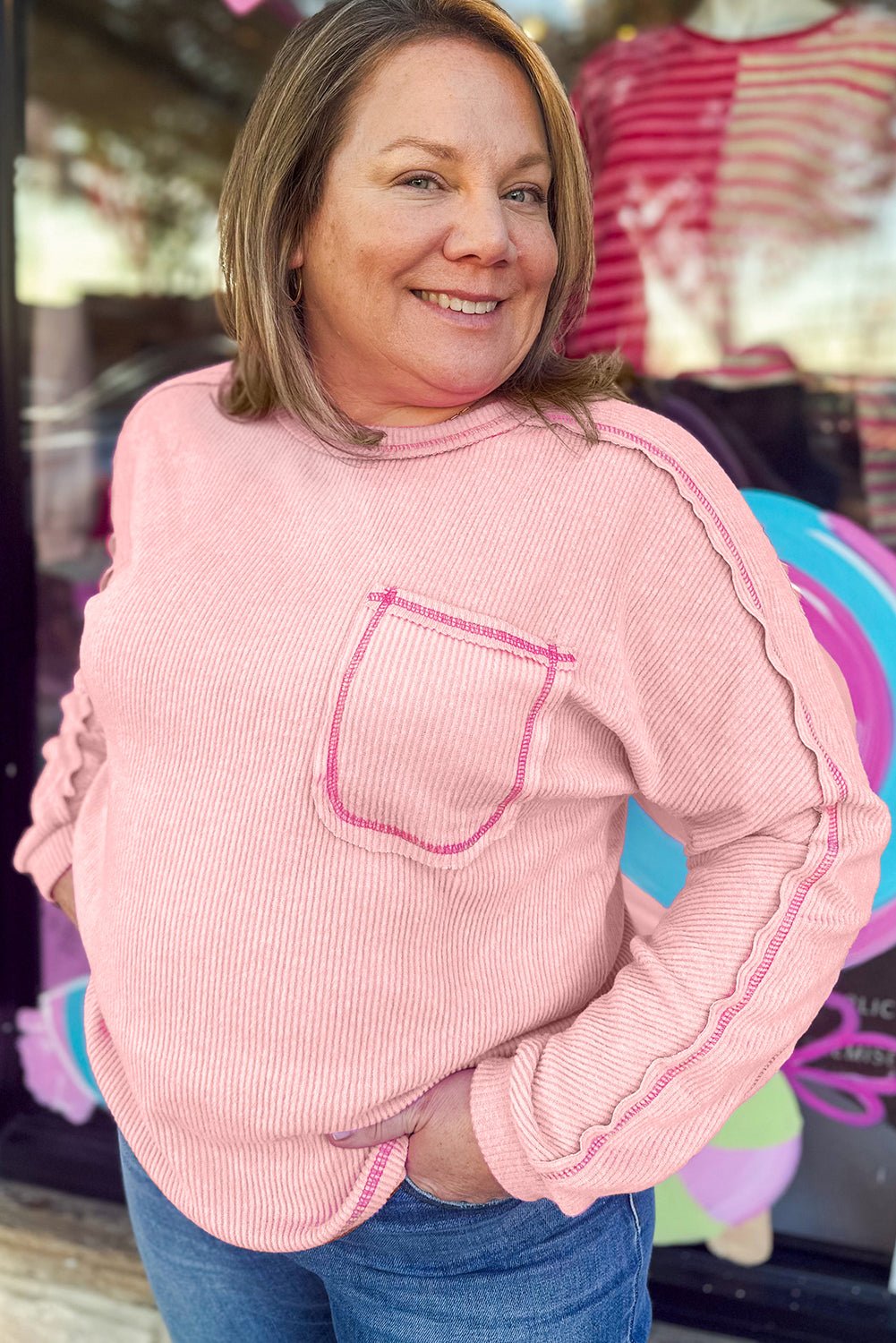 Bonbon Ribbed Exposed Seam Chest Pocket Plus Size Long Sleeve Top - MAD RUFFI