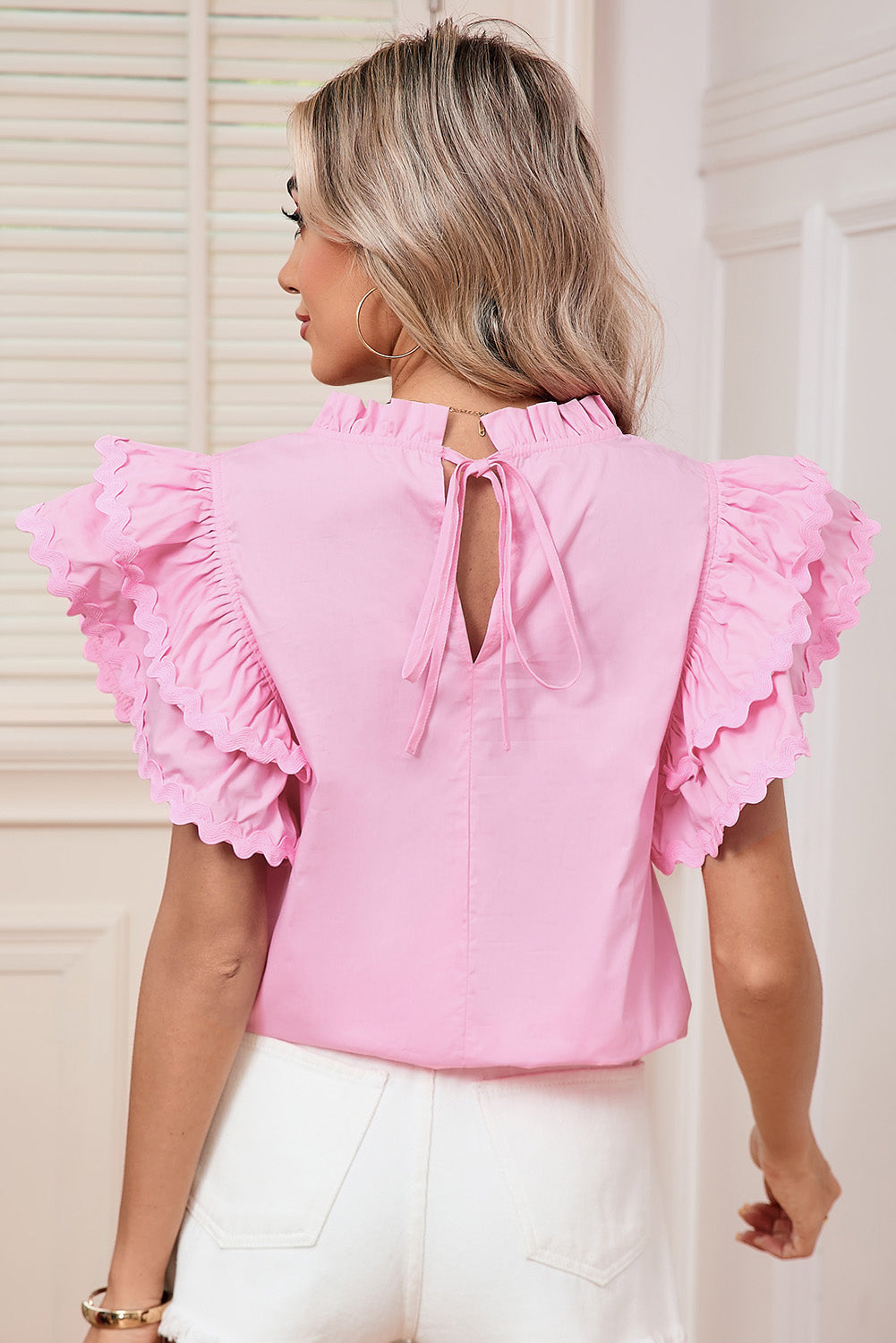 Bonbon Ricrac Applique Ruffle Sleeve Frill Neck Blouse - MAD RUFFI