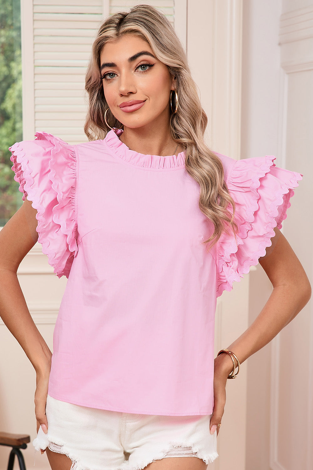 Bonbon Ricrac Applique Ruffle Sleeve Frill Neck Blouse - MAD RUFFI