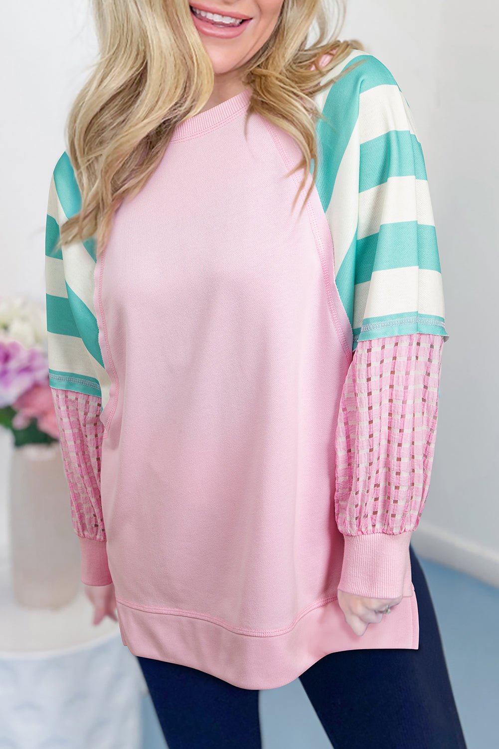 Bonbon Striped Colorblock Patchwork Raglan Sleeve Top - MAD RUFFI