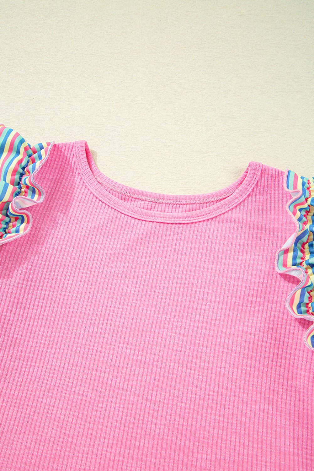 Bonbon Striped Ruffle Flutter Sleeve Ribbed Blouse - MAD RUFFI