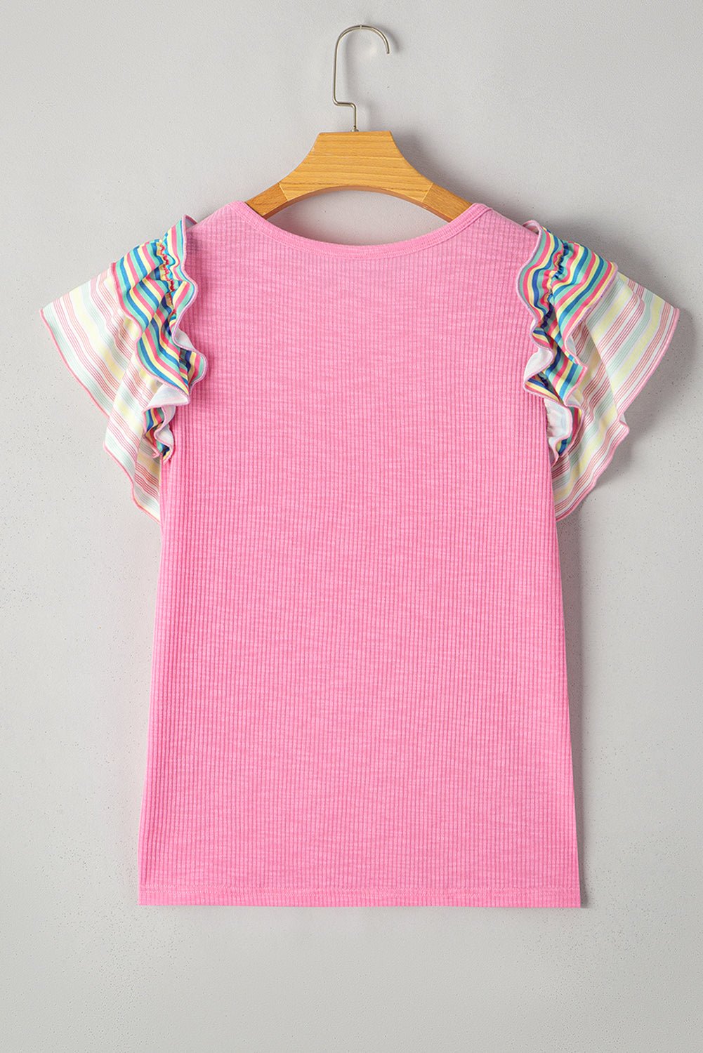 Bonbon Striped Ruffle Flutter Sleeve Ribbed Blouse - MAD RUFFI