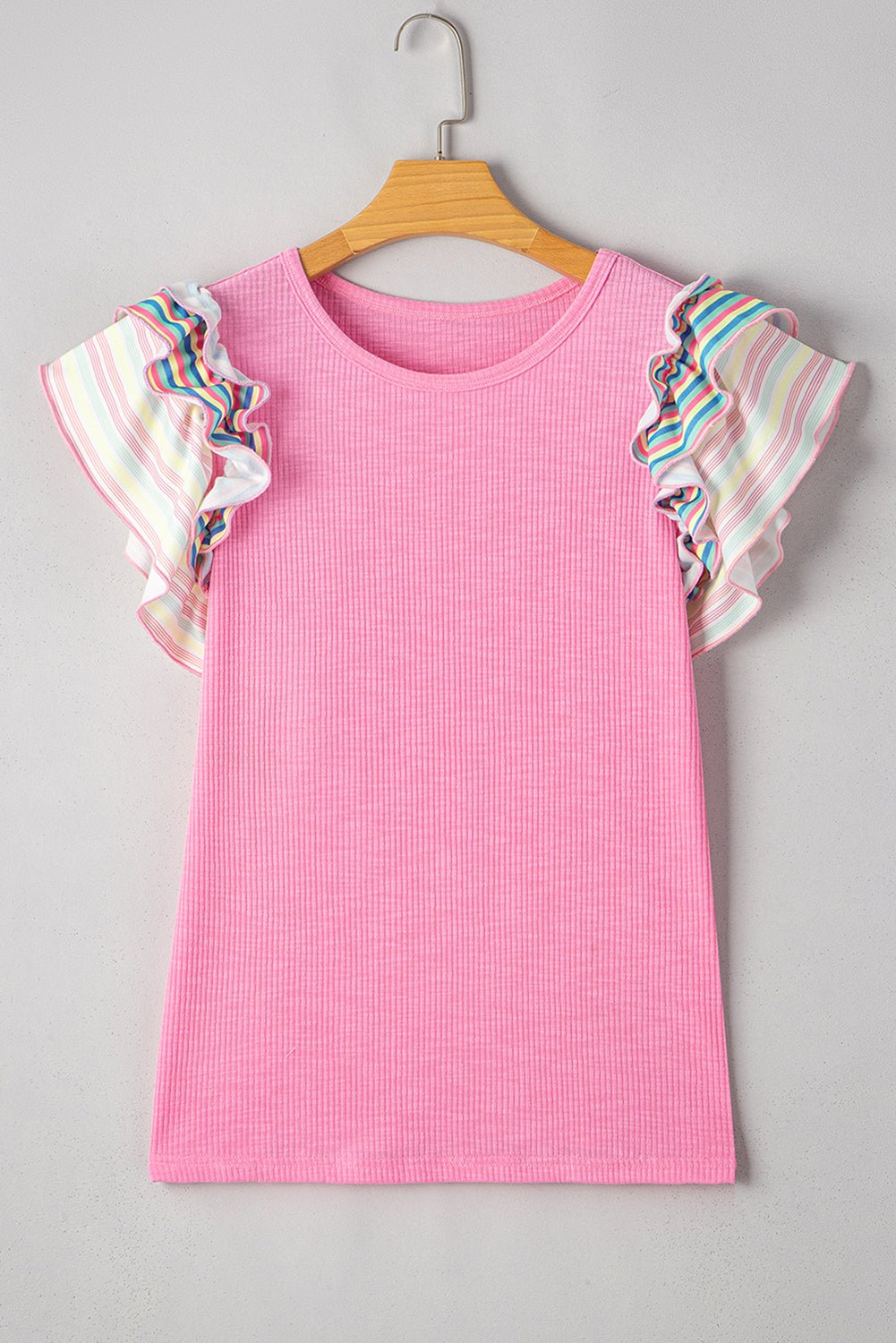 Bonbon Striped Ruffle Flutter Sleeve Ribbed Blouse - MAD RUFFI