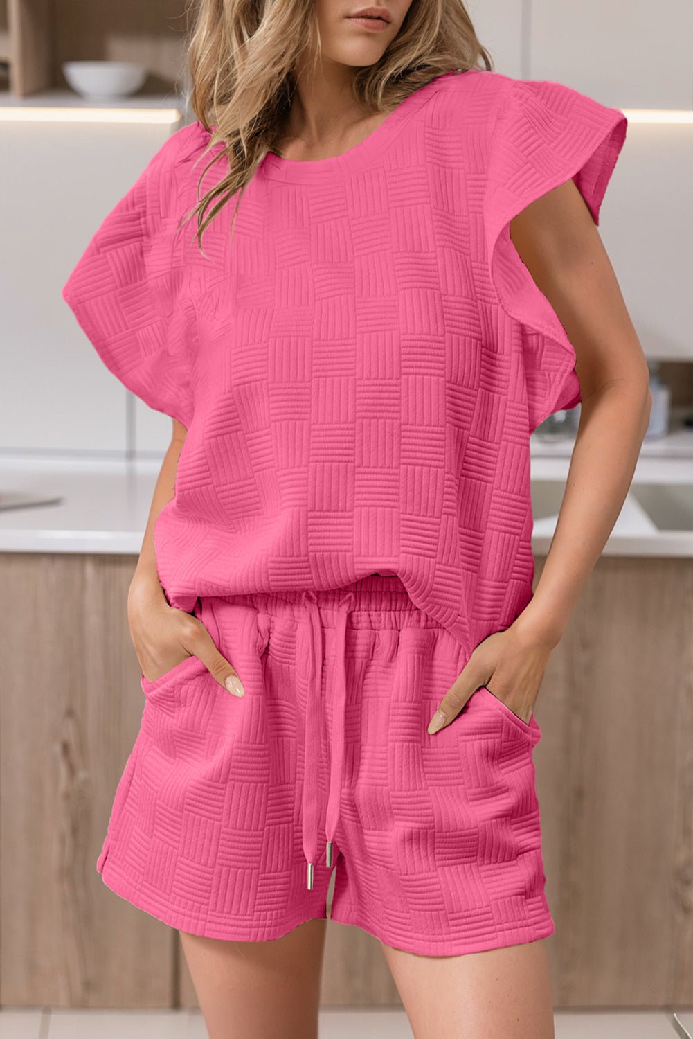 Bonbon Textured Ruffle Sleeve Tee and Drawstring Shorts Set - MAD RUFFI