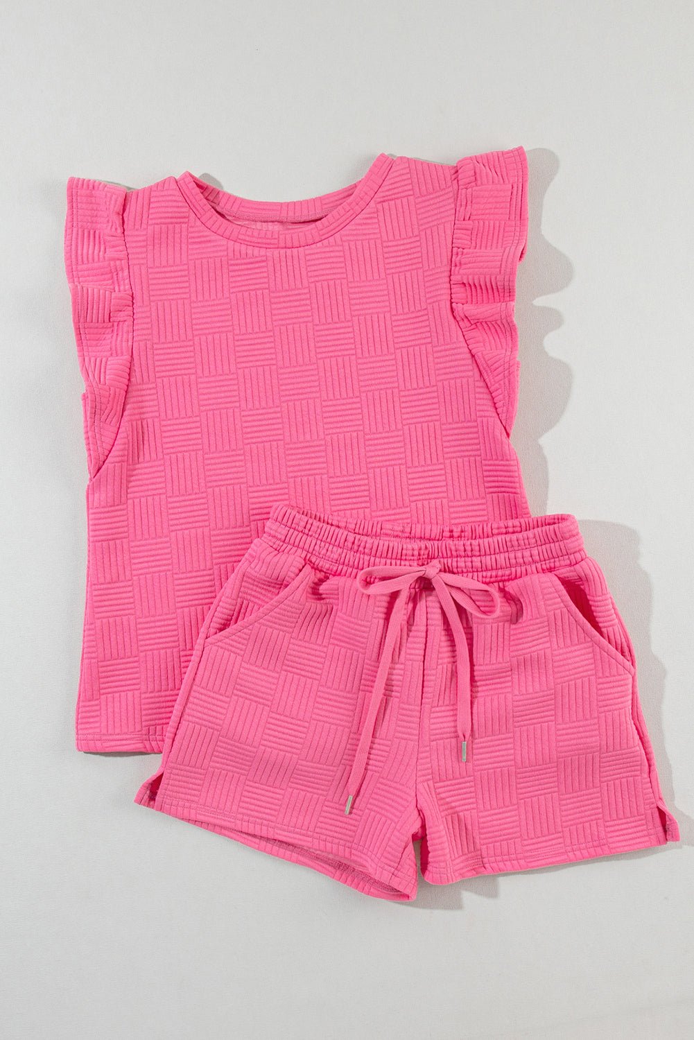 Bonbon Textured Ruffle Sleeve Tee and Drawstring Shorts Set - MAD RUFFI