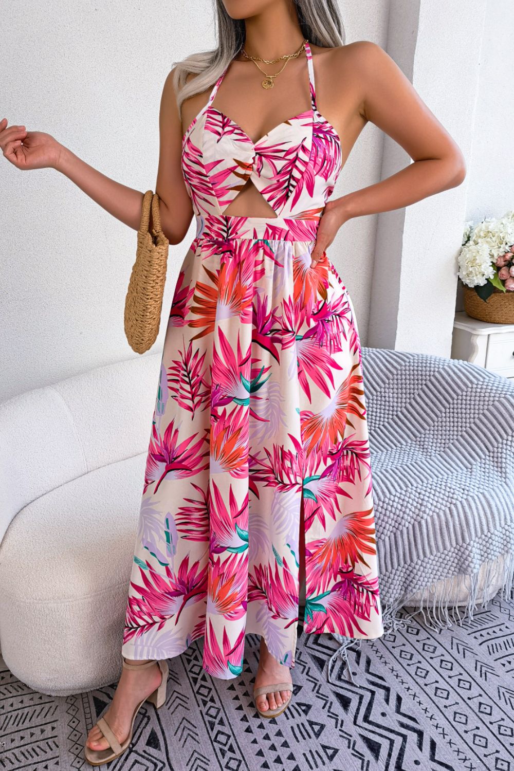 Botanical Print Tied Backless Cutout Slit Dress - MAD RUFFI