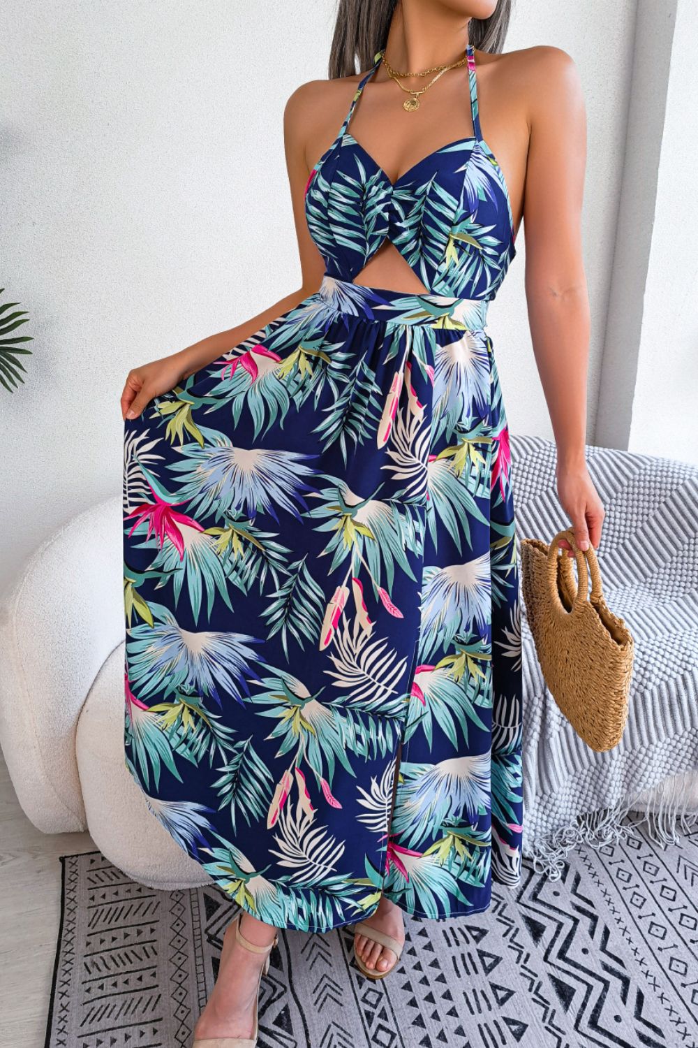 Botanical Print Tied Backless Cutout Slit Dress - MAD RUFFI