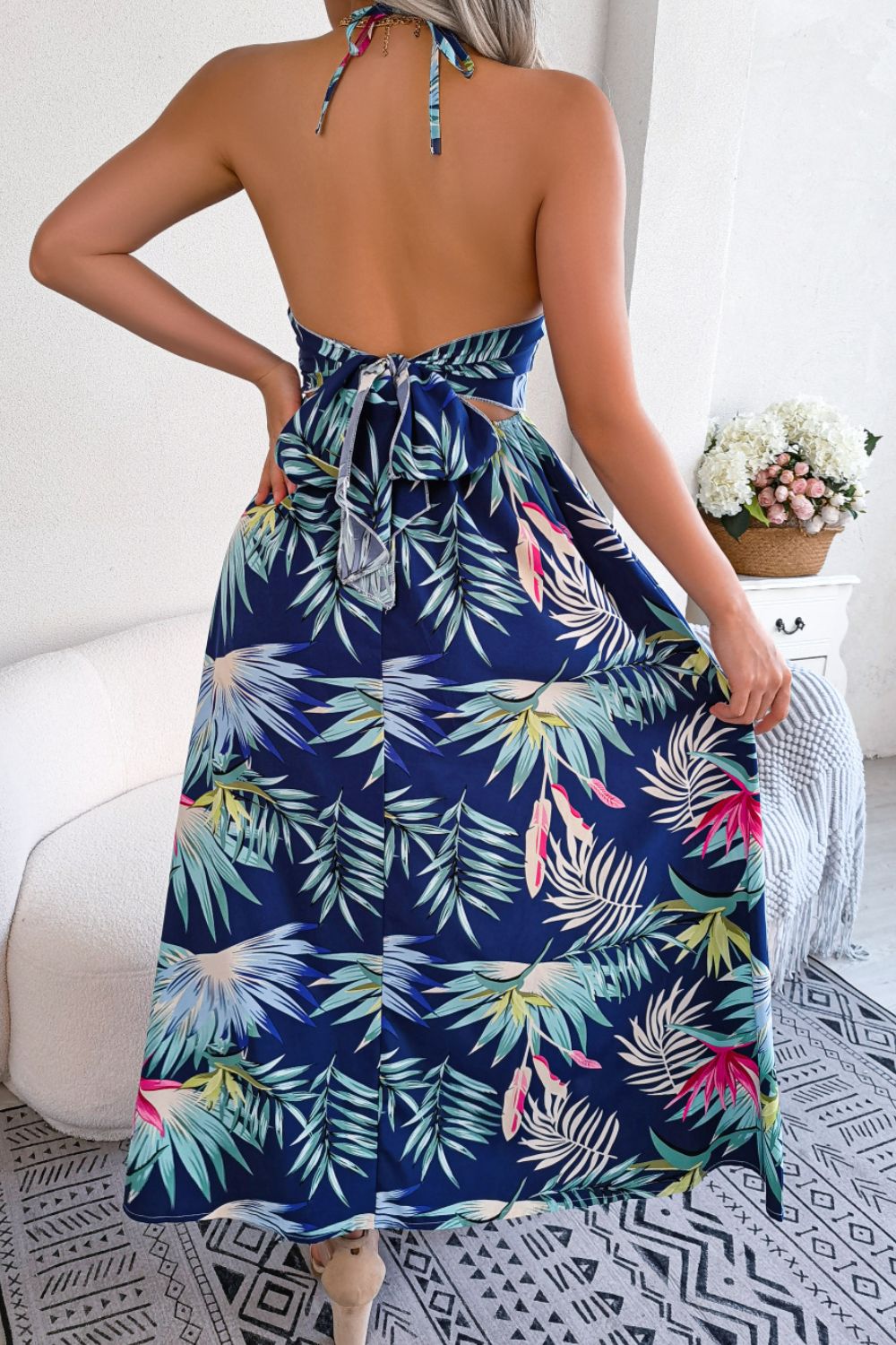 Botanical Print Tied Backless Cutout Slit Dress - MAD RUFFI
