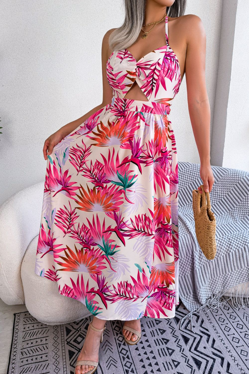Botanical Print Tied Backless Cutout Slit Dress - MAD RUFFI