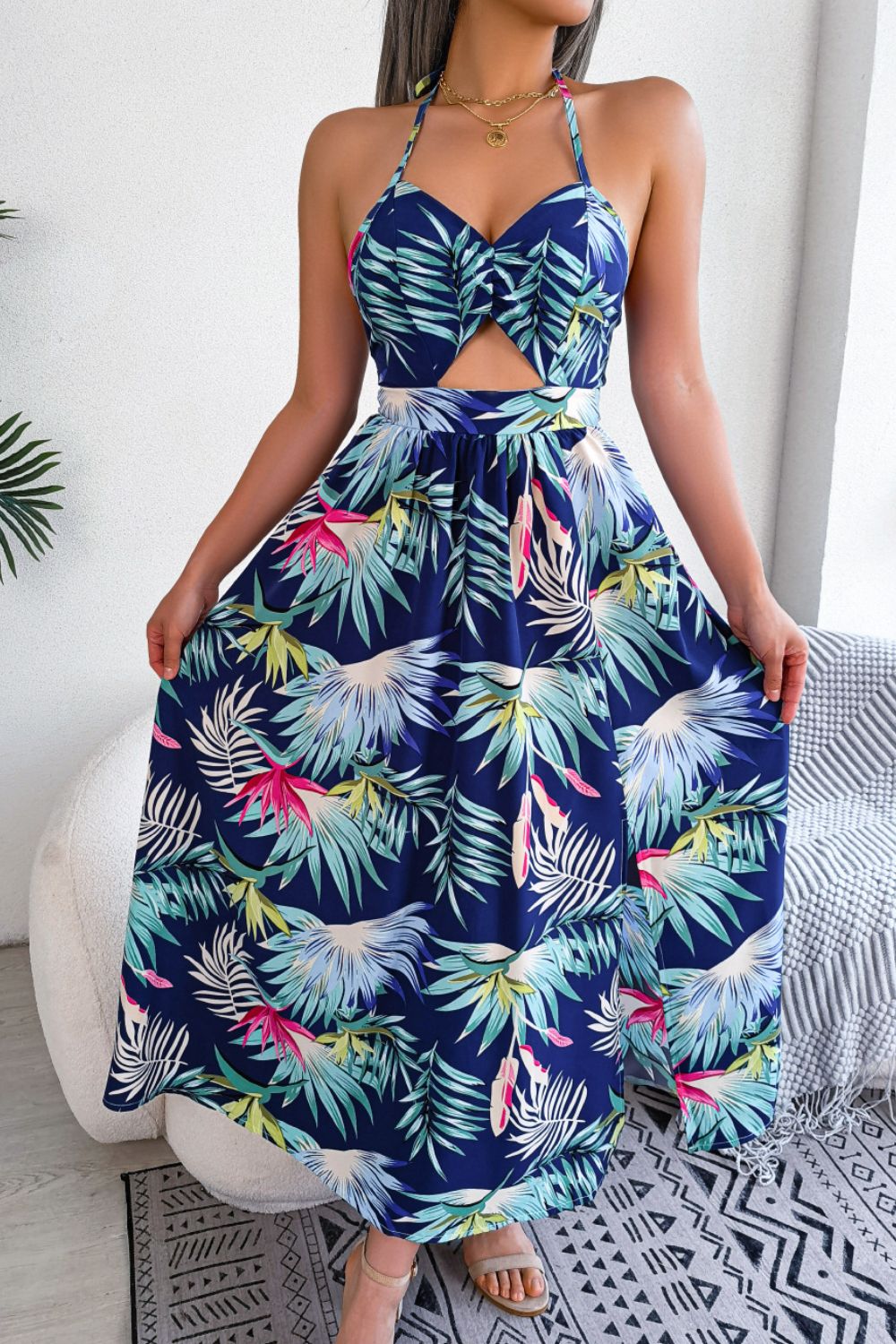 Botanical Print Tied Backless Cutout Slit Dress - MAD RUFFI