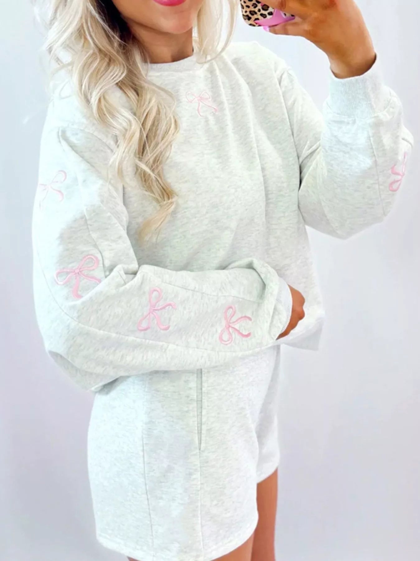 Bow Embroidered Round Neck Top and Shorts Set - MAD RUFFI