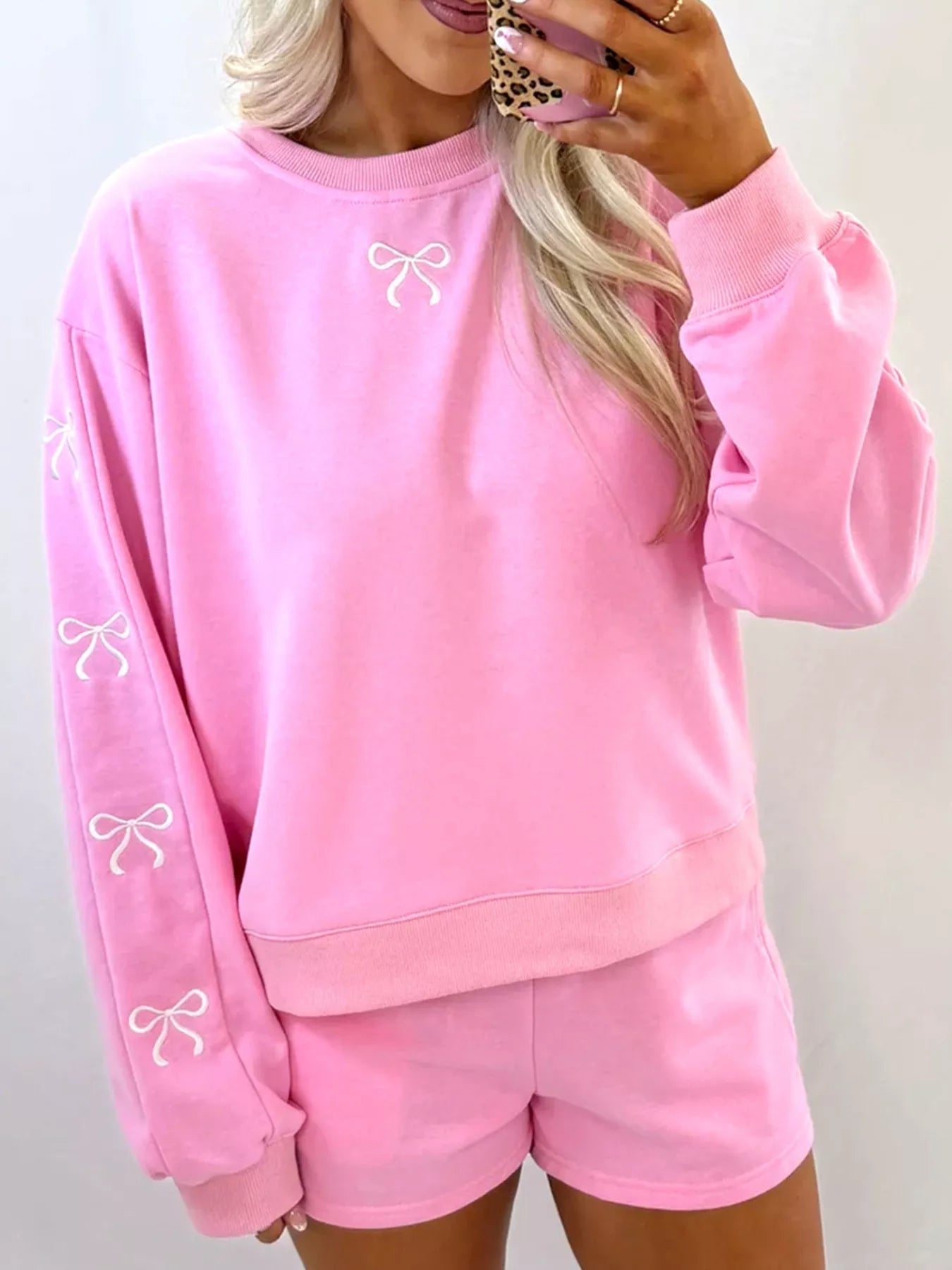 Bow Embroidered Round Neck Top and Shorts Set - MAD RUFFI