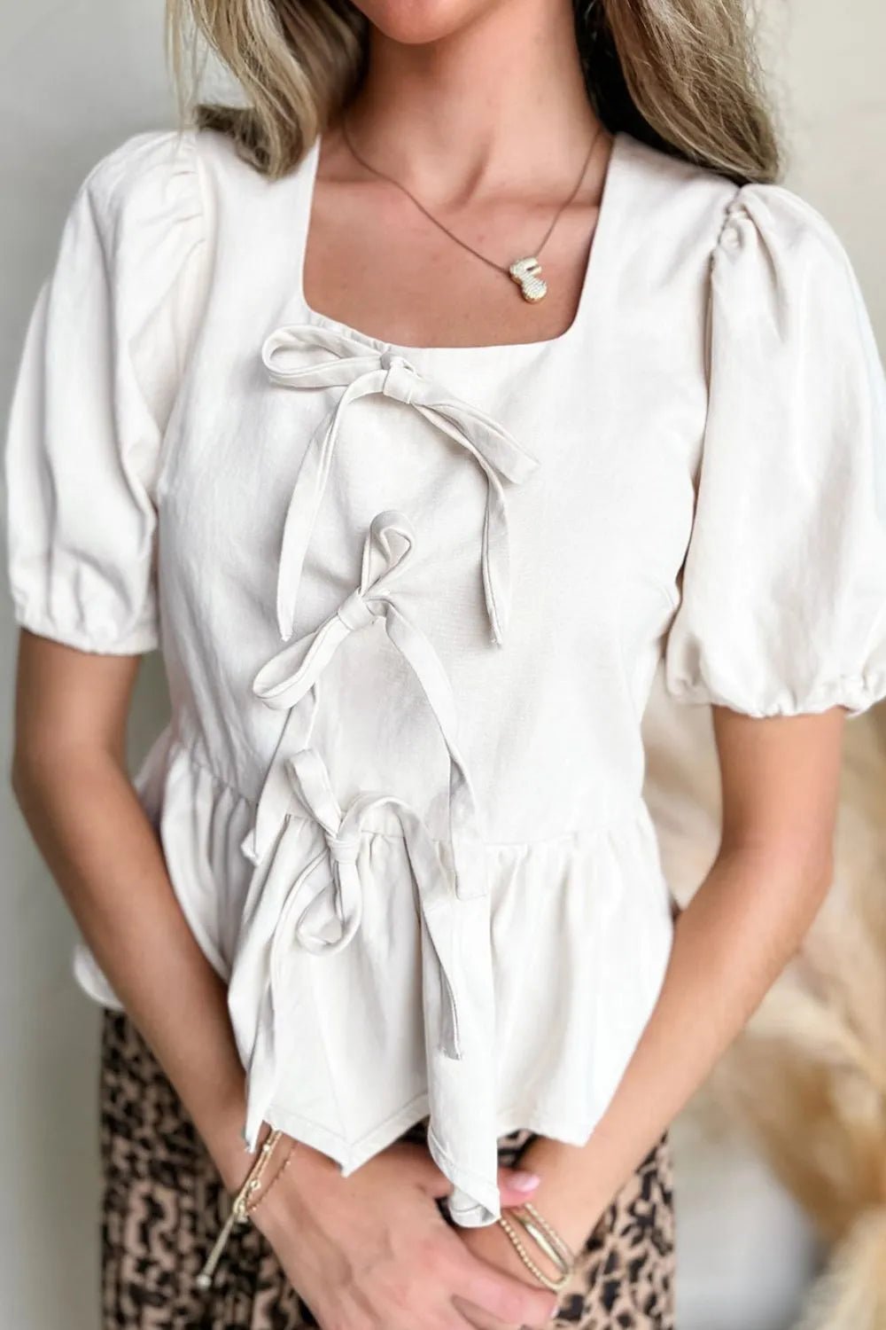 Bow Knot Decor Square Neck Puff Sleeve Peplum Top - MAD RUFFI