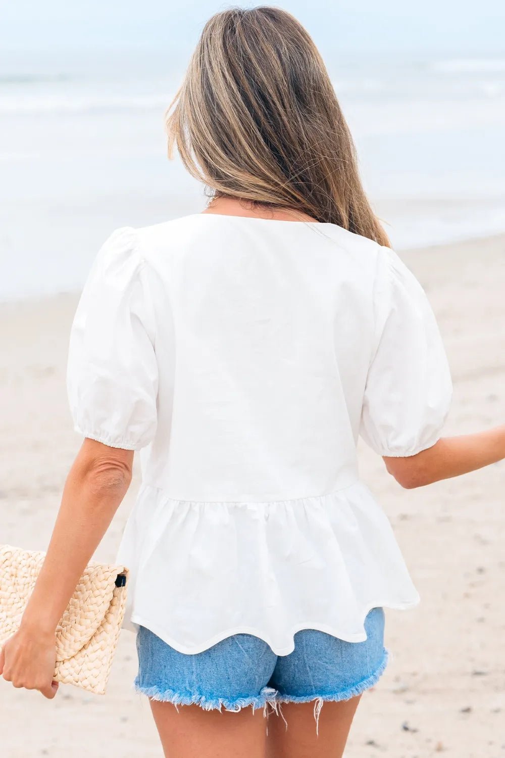 Bow Knot Decor Square Neck Puff Sleeve Peplum Top - MAD RUFFI