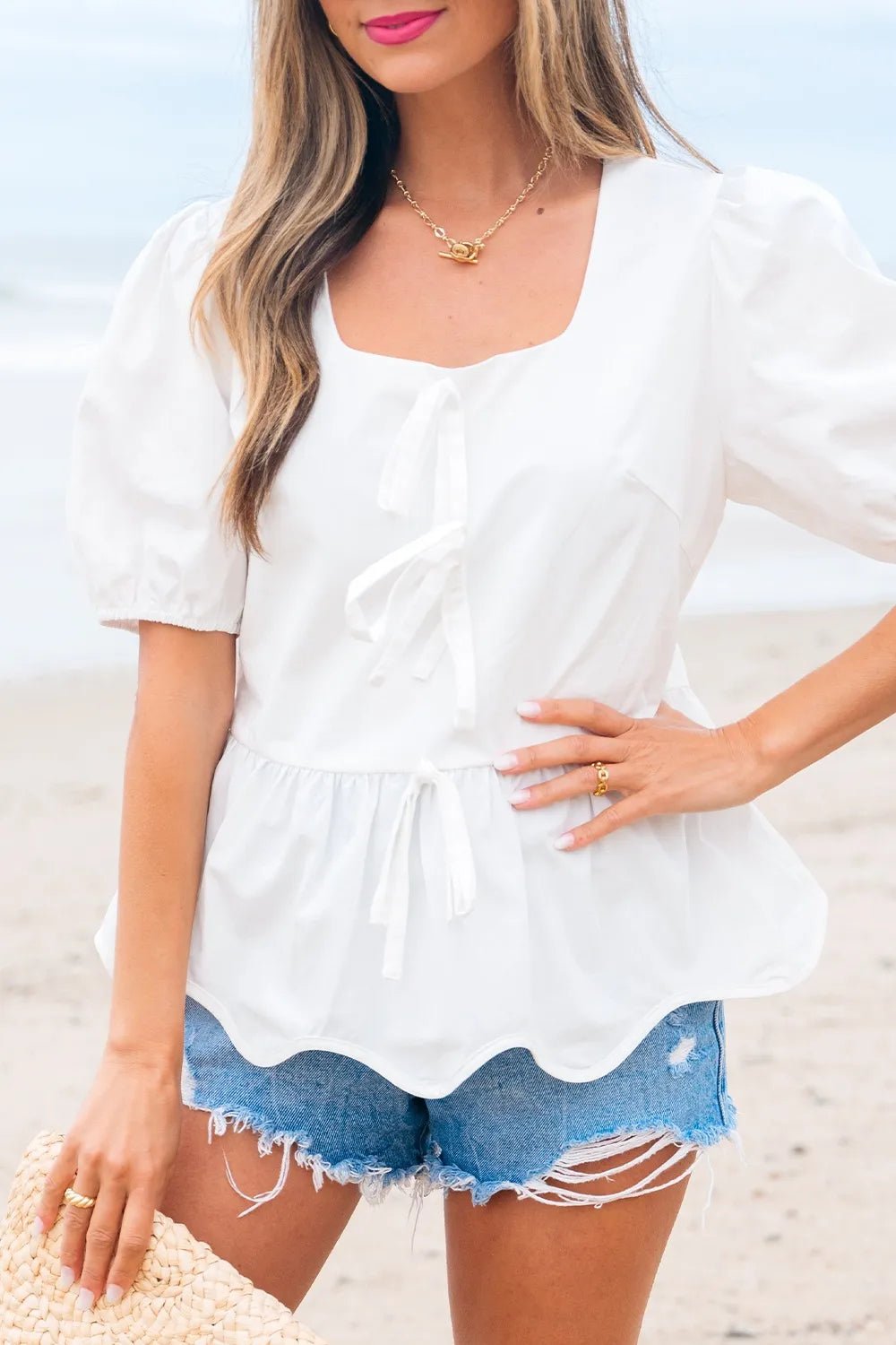 Bow Knot Decor Square Neck Puff Sleeve Peplum Top - MAD RUFFI