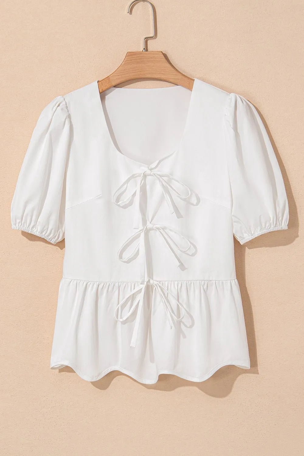 Bow Knot Decor Square Neck Puff Sleeve Peplum Top - MAD RUFFI