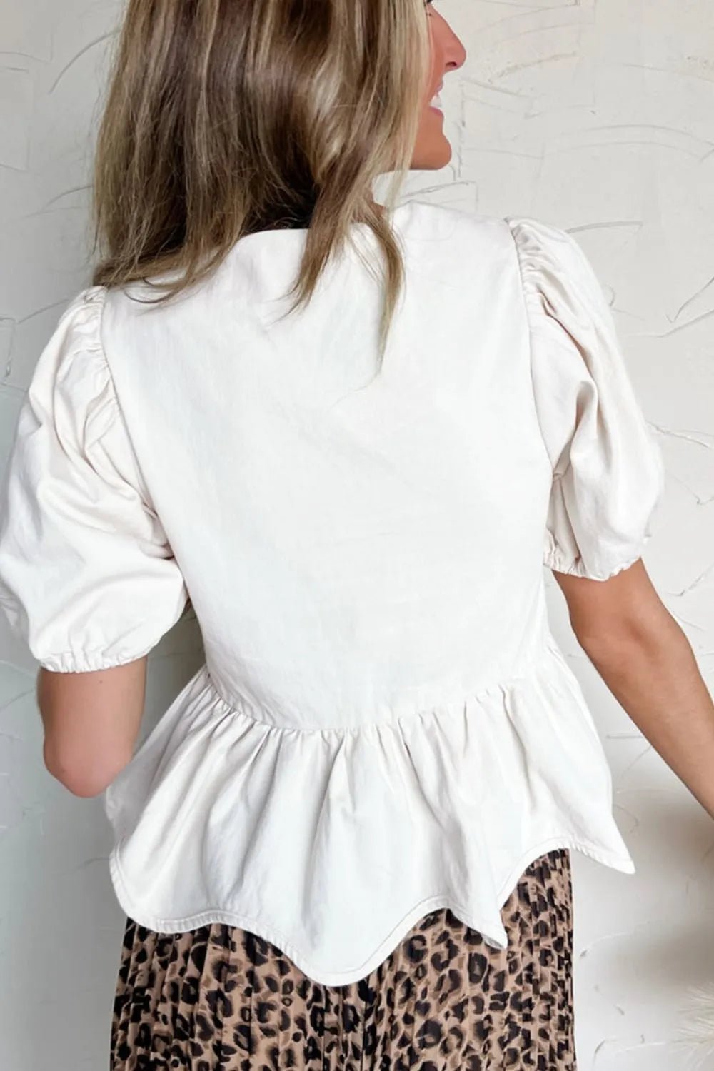 Bow Knot Decor Square Neck Puff Sleeve Peplum Top - MAD RUFFI