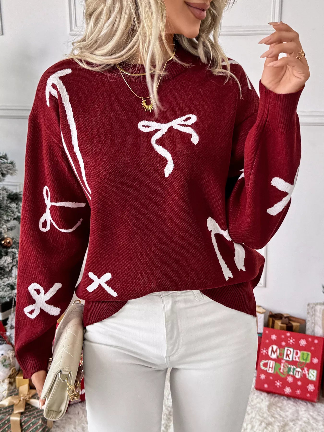 Bow Round Neck Long Sleeve Sweater - MAD RUFFI