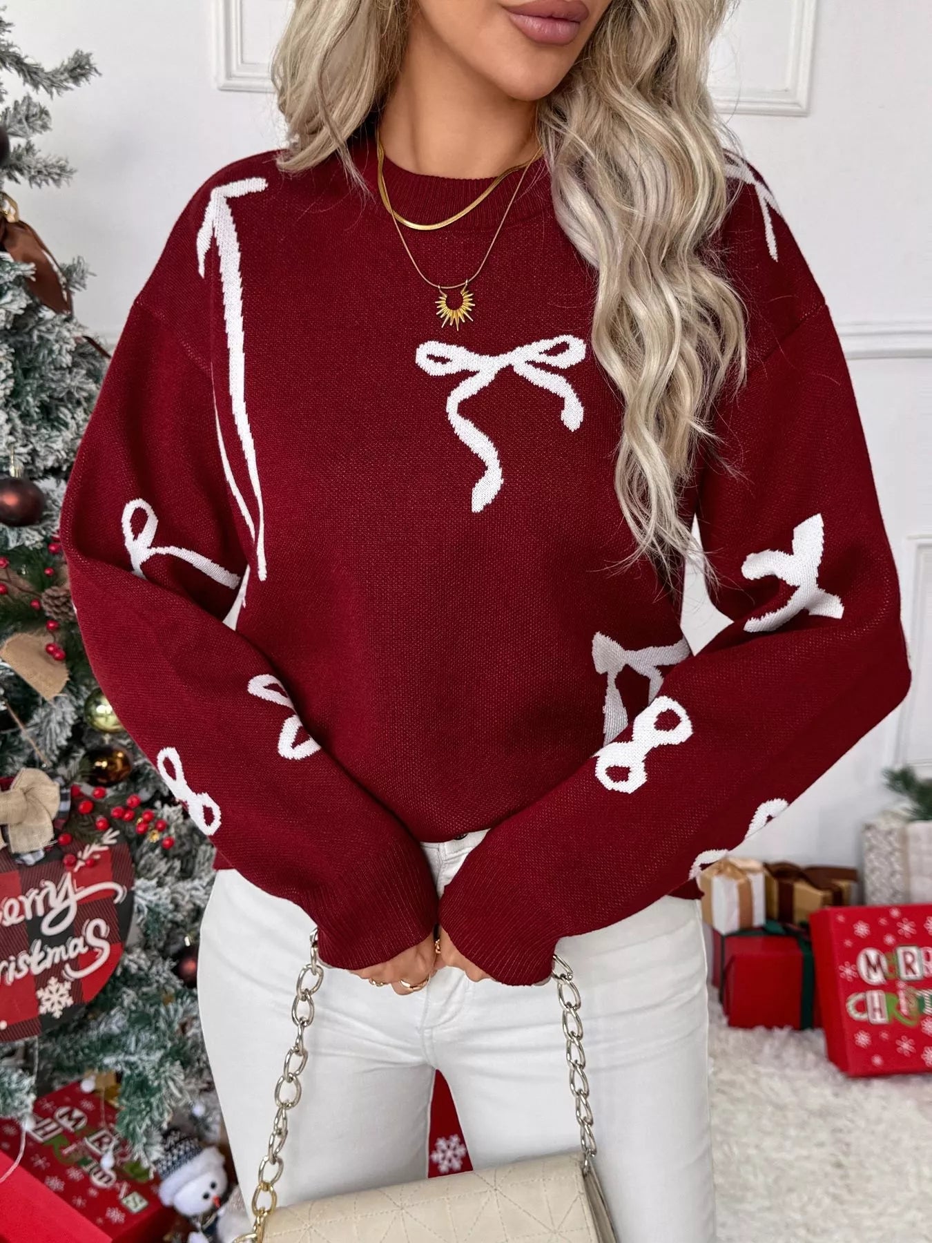 Bow Round Neck Long Sleeve Sweater - MAD RUFFI