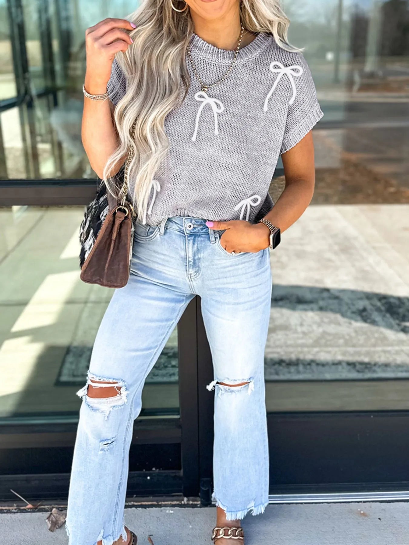 Bow Round Neck Short Sleeve Sweater - MAD RUFFI