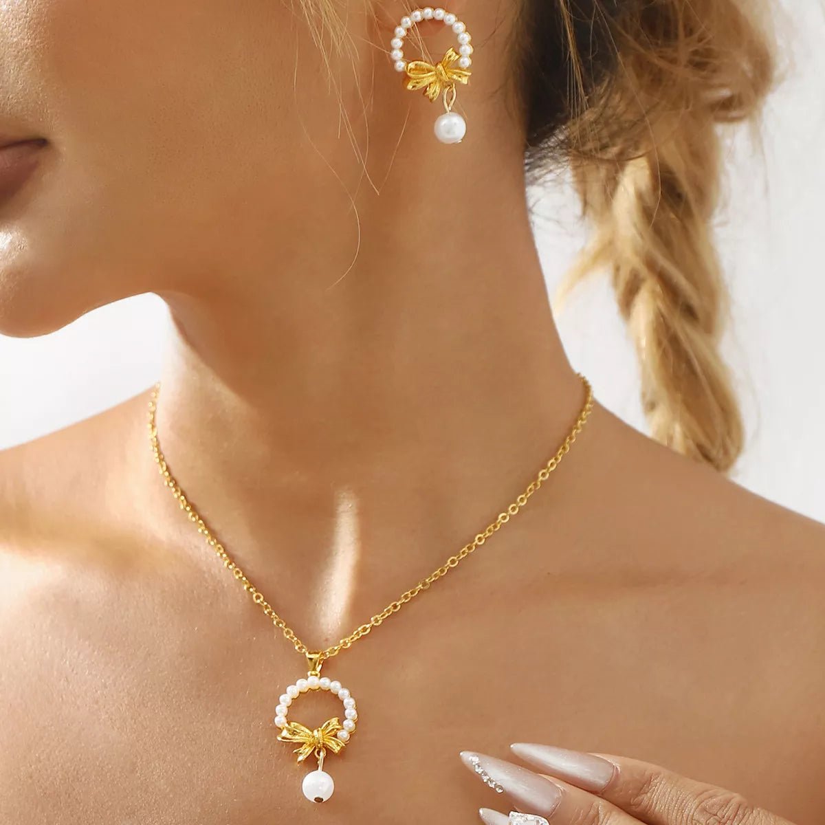 Bowknot Pearl Earrings and Pendant Necklace Jewelry Set - MAD RUFFI