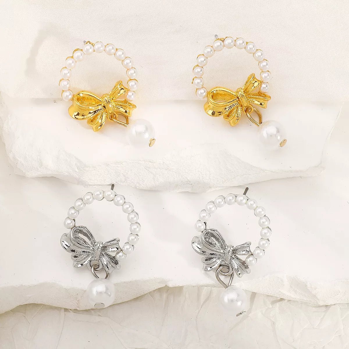 Bowknot Pearl Earrings and Pendant Necklace Jewelry Set - MAD RUFFI