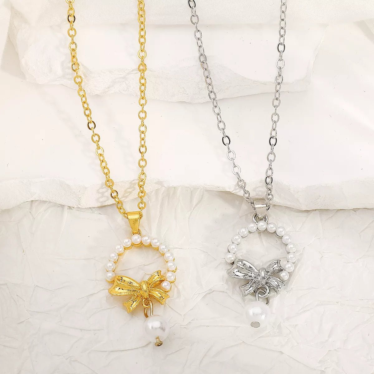 Bowknot Pearl Earrings and Pendant Necklace Jewelry Set - MAD RUFFI