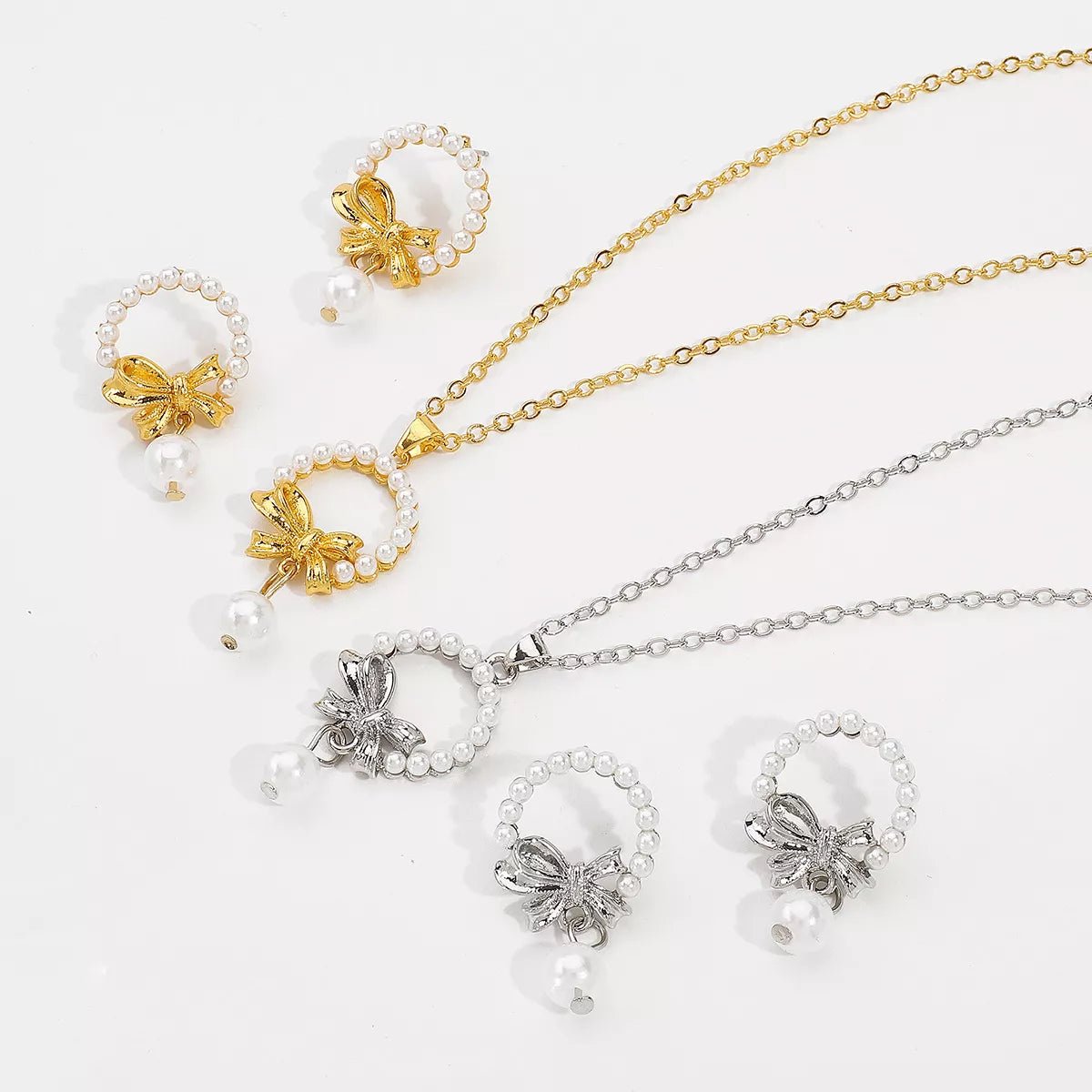 Bowknot Pearl Earrings and Pendant Necklace Jewelry Set - MAD RUFFI
